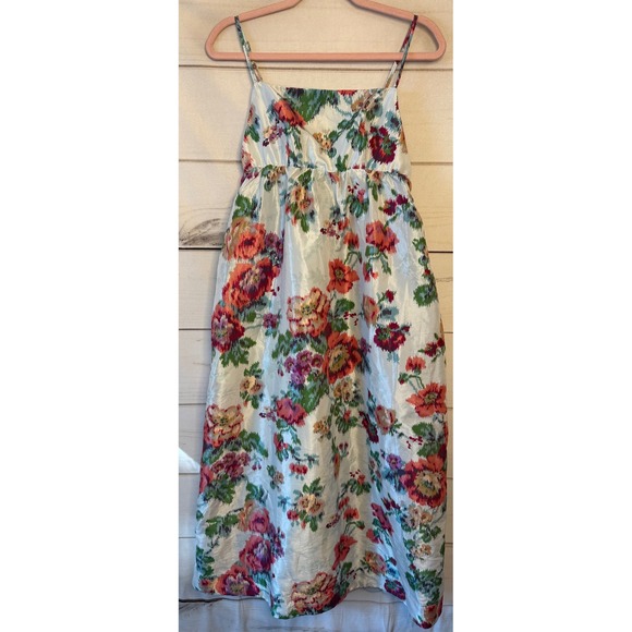 BHLDN Dresses & Skirts - BHLDN Floral Ikat Satin Midi Dress Light Blue Red Orange Green Size M NWT